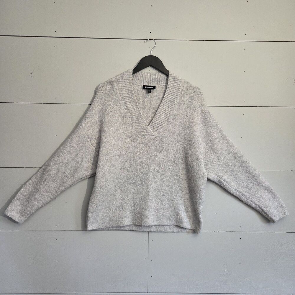 Express Heather Gray V-Neck Oversized Pullover Sweater Women's Size Small